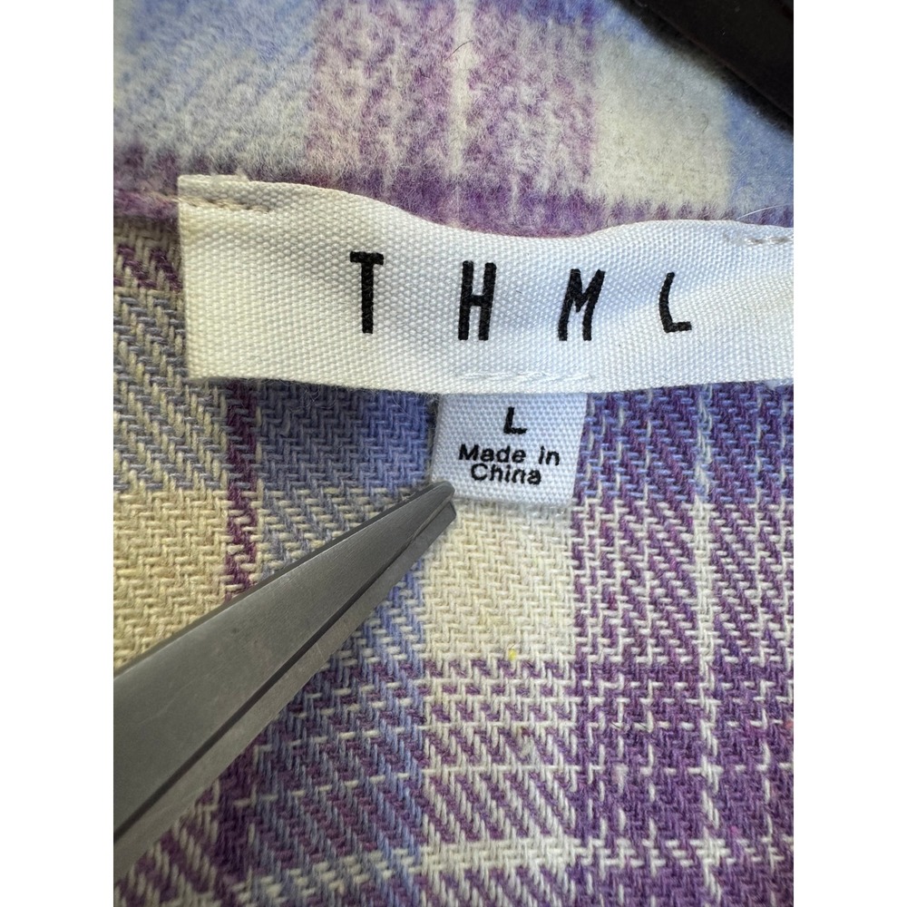 THML Womens Purple Plaid Flannel Shacket Oversized‎ Button Down Shirt Jacket L - Picture 5 of 7